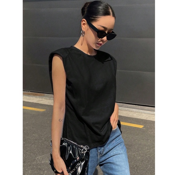 Cotton Padded Shoulders Black Muscle Tee Shirt Stretchy Round Neck - Picture 4 of 8